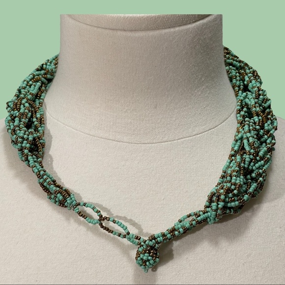 Multi Strand Turquoise Copper Braided Chain Beaded Choker Necklace - Picture 4 of 4
